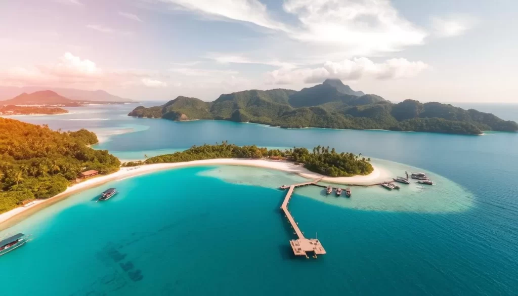 A stunning aerial view of the Perhentian Islands, Malaysia, on a bright and sunny day. The vivid turquoise waters of the South China Sea gently lap against the white sandy beaches, framed by lush, verdant tropical foliage. In the foreground, a picturesque jetty extends into the calm waters, inviting visitors to explore the vibrant underwater world. The middle ground features the two main islands, Perhentian Besar and Perhentian Kecil, their pristine landscapes dotted with cozy resorts and traditional fishing villages. The background showcases the rugged, jungle-clad hills that rise up from the coastline, creating a stunning natural backdrop. Warm, golden sunlight filters through wispy clouds, casting a serene, idyllic atmosphere over the entire scene.