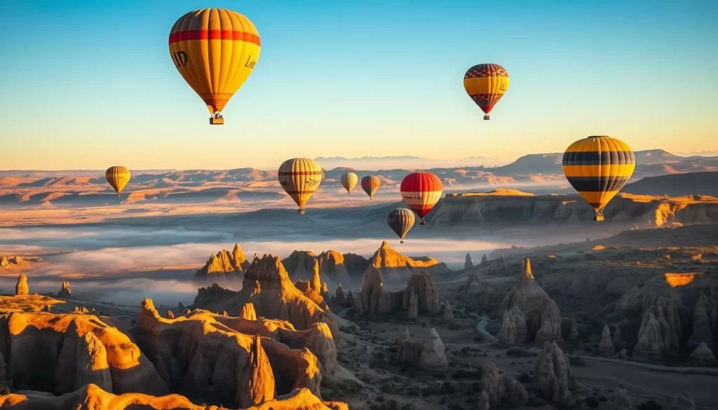 A stunning aerial view of the iconic hot air balloons hovering gracefully over the breathtaking landscape of Cappadocia, Turkey. The balloons, in a vibrant array of colors, gently drift across the clear, blue sky, casting soft shadows on the otherworldly rock formations below. The scene is bathed in warm, golden sunlight, creating a serene and enchanting atmosphere. The foreground features the silhouettes of the balloons, their shapes and shadows reflected in the calm, mist-shrouded valleys. The middle ground showcases the unique, 'fairy chimney' rock formations, their intricate textures and hues complementing the vibrant balloons. The background is a panoramic vista of the region's stunning natural beauty, with distant hills and valleys creating a sense of depth and tranquility.