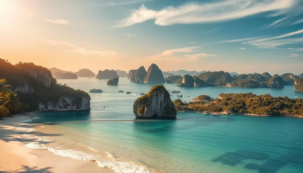 A stunning aerial view of the pristine beaches of Phang Nga, Thailand. In the foreground, crystal-clear turquoise waters lap gently against the pristine white sand. Lush, verdant palm trees sway gently in the warm breeze, creating a peaceful, idyllic atmosphere. In the middle ground, rugged limestone cliffs rise majestically, their weathered surfaces casting dramatic shadows. The background is dotted with dozens of picturesque, jungle-clad islands, creating a breathtaking, untouched natural landscape. Warm, golden sunlight filters through wispy clouds, illuminating the scene with a soft, serene glow. The overall mood is one of tranquility, wonder and a sense of being in a truly unspoiled, tropical paradise.