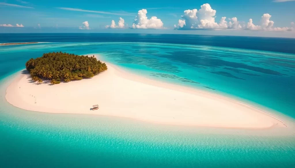 A stunning aerial view of the pristine, crescent-shaped Lankayan Island, surrounded by the crystal-clear turquoise waters of the Sulu Sea. The lush, verdant palm trees sway gently in the warm, tropical breeze, casting soft shadows on the powdery white sand beaches. In the distance, the vibrant coral reefs teeming with colorful marine life beckon snorkelers and divers to explore their underwater wonders. The sky is a brilliant azure, with fluffy clouds casting a gentle glow over the idyllic island paradise. Capture the tranquil and secluded beauty of this hidden gem, conveying the allure of Lankayan Island as a true tropical oasis.