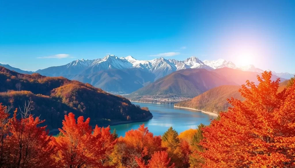 A stunning autumn landscape in Hualien, Taiwan on a crisp, clear day. In the foreground, a lush forest of vibrant red and orange trees, their leaves swaying gently in the gentle breeze. The middle ground features a serene, winding river, its calm waters reflecting the towering mountains in the distance. Rugged, snow-capped peaks rise majestically against a brilliant azure sky, bathed in warm, golden sunlight. The scene exudes a sense of tranquility and wonder, inviting the viewer to immerse themselves in the beauty of Hualien's autumn splendor.
