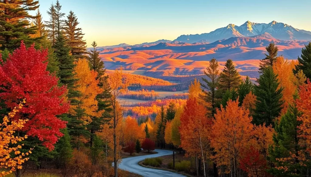 A stunning autumn landscape in the United States, with vibrant foliage illuminated by warm, golden sunlight. In the foreground, a winding path leads through a dense forest of towering trees, their leaves ablaze with shades of red, orange, and yellow. The middle ground reveals a picturesque valley, where rolling hills are blanketed in a patchwork of fall colors. In the distance, a majestic mountain range stands tall, its peaks dusted with a light layer of snow. The overall scene exudes a sense of tranquility and natural beauty, perfectly capturing the essence of the golden season for travel in the US.