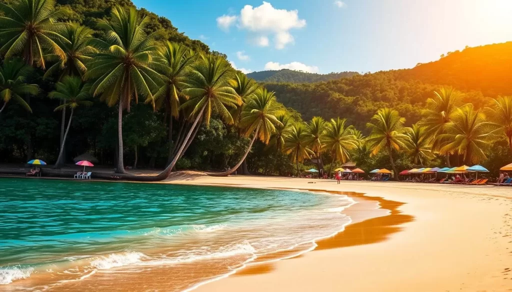 A stunning beach on the tropical island of Koh Chang, Thailand. The foreground features fine, golden sand dotted with colorful beach umbrellas and sunbathers relaxing on loungers. Gently lapping waves caress the shoreline, their turquoise hues reflecting the clear, azure sky above. In the middle ground, verdant palm trees sway in the gentle breeze, casting warm, dappled shadows across the scene. Lush, jungle-covered hills rise in the background, creating a picturesque, serene landscape. Warm, golden sunlight bathes the entire setting, evoking a tranquil, easygoing atmosphere. Capture the natural beauty and inviting charm of this tropical paradise.