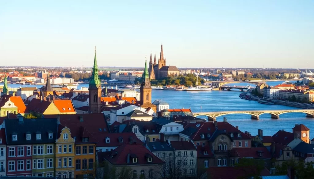 A stunning cityscape of Gdańsk, Poland's Baltic gem, comes into view. In the foreground, the iconic architecture of the Old Town, with its vibrant, colorful facades and ornate gables, stands tall against a clear, azure sky. The middle ground showcases the majestic Motława River, its waters reflecting the city's historic buildings and bridges. In the background, the graceful spires of the Basilica of St. Mary pierce the horizon, bathed in warm, golden sunlight. The scene evokes a sense of timeless elegance and invites the viewer to explore the city's rich history and charming atmosphere.