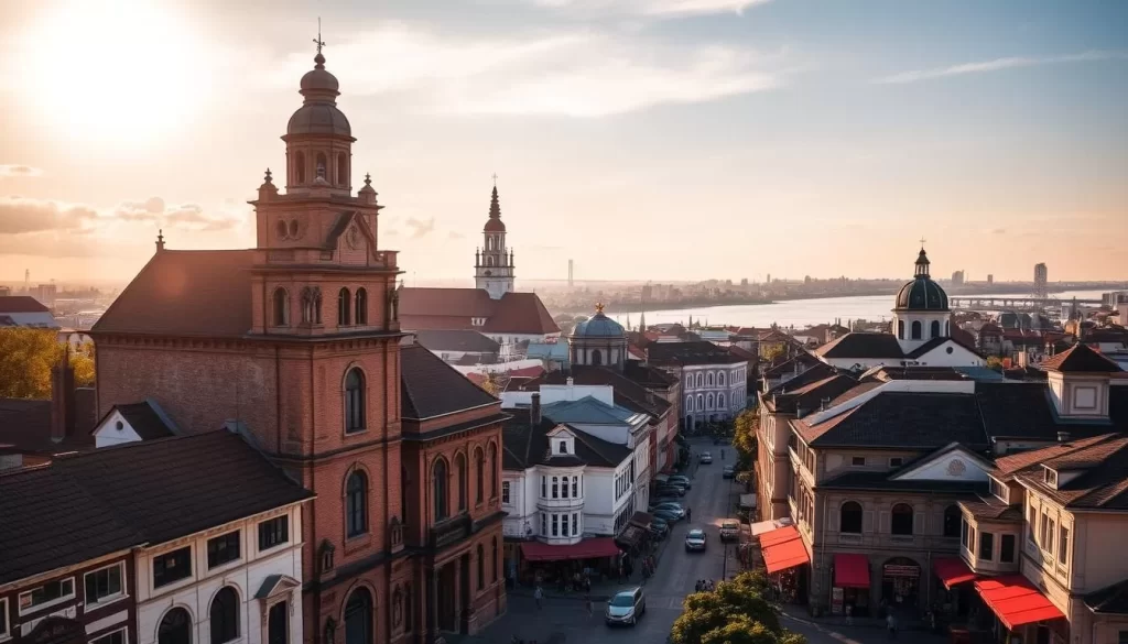 A stunning cityscape of Malacca's historic buildings, bathed in the warm glow of a golden afternoon sun. In the foreground, the iconic Stadthuys, a magnificent 16th-century Dutch colonial structure, stands tall and proud. Behind it, the picturesque Baba Nyonya Heritage Museum and the Christchurch Cathedral emerge, their intricate architecture and vibrant hues reflecting the city's rich cultural tapestry. In the middle ground, the bustling streets of old Malacca come alive, with traditional shops, quaint cafes, and locals going about their daily lives. In the distant background, the majestic Malacca River winds its way through the city, adding to the serene and picturesque atmosphere. The entire scene is captured with a soft, dreamlike quality, conveying the timeless essence of Malacca's heritage.
