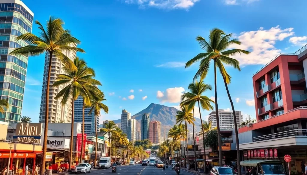 A stunning cityscape of Miri, Sarawak's hidden gem. In the foreground, bustling streets lined with vibrant shops and lively local markets. Soaring skyscrapers and modern high-rises fill the middle ground, their glass facades glittering in the warm, golden sunlight. Towering palm trees sway gently in the breeze, framing the scene. In the distance, the majestic Mount Mulu rises, its rugged peaks touching the azure sky. A serene, tranquil atmosphere pervades the city, inviting visitors to explore its rich cultural tapestry and natural wonders.