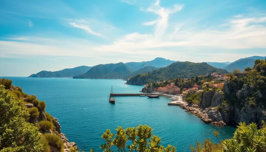 A stunning coastal vista of Giresun Island, Turkey. In the foreground, picturesque rocky cliffs and lush green foliage cascade down to a sparkling azure sea. The middle ground features a quaint fishing harbor with traditional wooden boats bobbing gently on the calm waters. In the distance, the island's verdant hills and mountains rise up, bathed in warm golden sunlight. A clear blue sky with wispy clouds overhead completes the serene, idyllic scene. Capture this natural beauty through a wide-angle lens, showcasing the island's dramatic yet tranquil landscapes in crisp, high-definition detail.