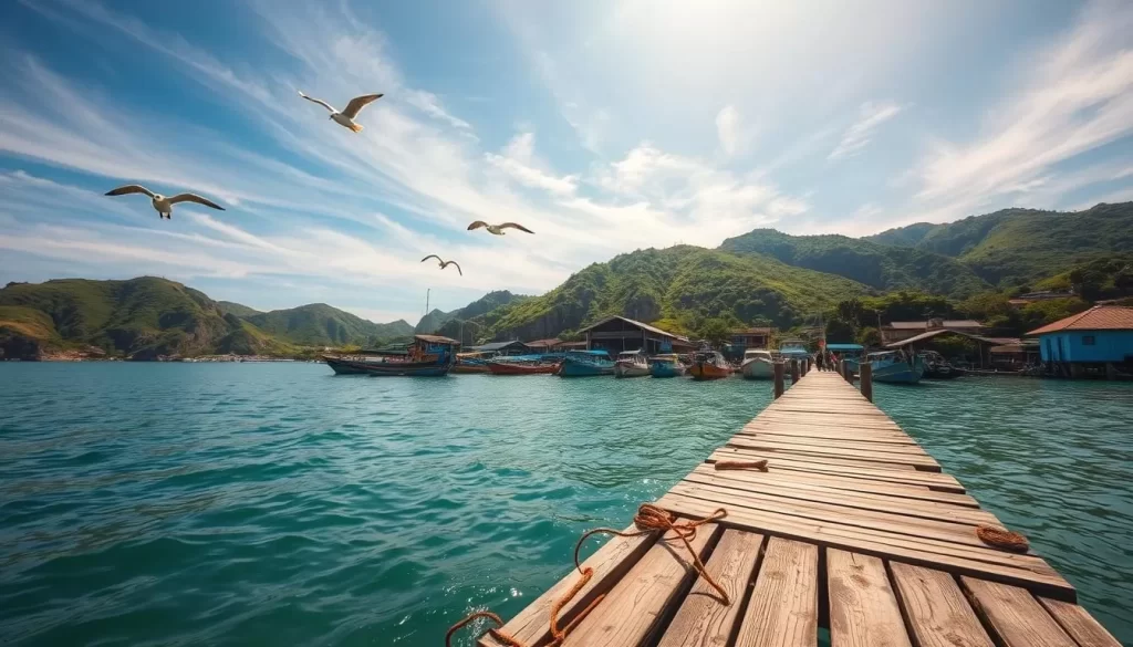 A stunning coastal vista of Jinzun Harbor, Taiwan. In the foreground, a picturesque fishing pier extends into the calm, emerald waters, its wooden planks weathered by the elements. Seagulls soar overhead, casting graceful shadows on the gently lapping waves. The middle ground reveals a line of traditional fishing boats, their hulls painted in vibrant hues, rocking gently at their moorings. In the background, a rugged, verdant hillside rises, its slopes dotted with lush foliage and the occasional tile-roofed dwelling. The sky is a brilliant azure, with wispy clouds drifting lazily across the scene, casting a warm, golden glow over the entire landscape. Captured with a wide-angle lens, this idyllic coastal view evokes a serene and tranquil atmosphere, inviting the viewer to immerse themselves in the natural beauty of Jinzun's stunning shoreline.