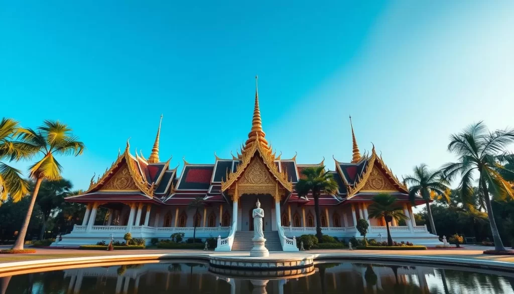 A stunning exterior view of Wat Tantayapirom Phra, a magnificent Buddhist temple set against a clear blue sky. The intricate architecture features ornate golden roofs and decorative spires, surrounded by lush greenery and a serene pond. Capture the tranquil ambiance with warm, diffused lighting and a low-angle perspective that emphasizes the temple's grandeur and spiritual significance. Showcase the temple's integration with the natural landscape, highlighting its harmonious coexistence with the palm trees and manicured gardens. Convey a sense of peacefulness and reverence that invites the viewer to explore this architectural masterpiece in Trang, Thailand.