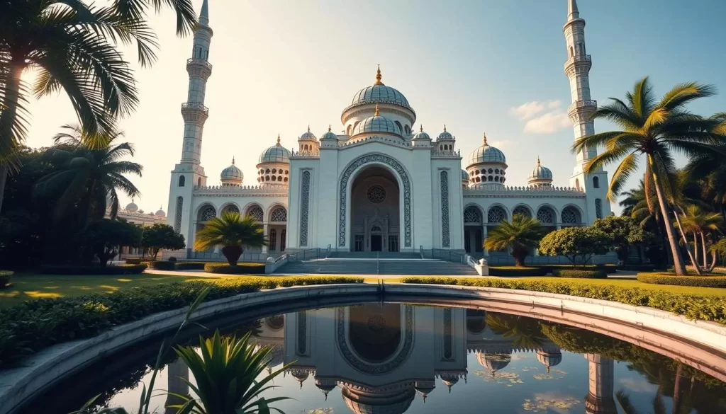 A stunning exterior view of the Sultan Abu Bakar Mosque, a breathtaking Islamic architectural marvel in Johor, Malaysia. The intricate domes and minarets gleam in the warm midday sun, casting soft shadows across the ornate facade. The scene is framed by lush tropical greenery, with a serene pond reflecting the mosque's elegant silhouette. The overall atmosphere exudes a harmonious blend of cultural heritage and natural beauty, inviting visitors to explore this captivating spiritual site.