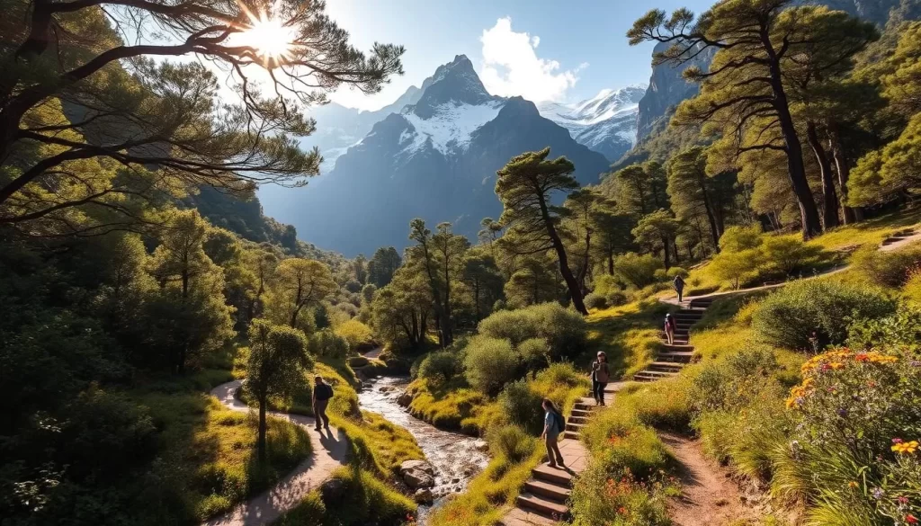 A stunning hiking trail winding through the verdant, lush foliage of Royal Natal National Park, South Africa. Towering, rugged mountains frame the scene, their peaks capped with a dusting of snow. The trail meanders along a crystal-clear stream, its gentle burbling adding a soothing soundtrack to the tranquil atmosphere. Dappled sunlight filters through the canopy of ancient trees, casting a warm, golden glow over the landscape. Vibrant wildflowers dot the forest floor, adding pops of color to the serene tableau. Hikers traverse the path, their silhouettes small against the grandeur of the surrounding natural beauty. The overall mood is one of peaceful exploration, inviting the viewer to imagine themselves immersed in this captivating outdoor paradise.