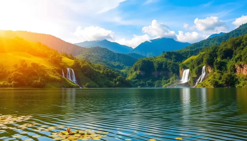 A stunning landscape in Meghalaya, India, with lush green rolling hills, cascading waterfalls, and a clear azure sky. In the foreground, a serene lake reflects the surrounding natural beauty, its rippling surface dotted with water lilies. Mid-frame, dense, verdant forests climb the slopes, while in the distance, majestic mountains rise, their peaks shrouded in wispy clouds. Warm, golden sunlight filters through the scene, casting a magical glow and highlighting the vibrant colors. Capture the tranquility and awe-inspiring scenery that makes Meghalaya a top destination for nature lovers, especially during the ideal weather months.