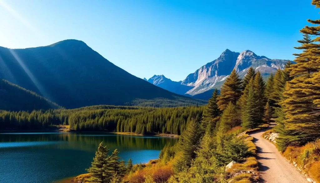 A stunning landscape of Acadia National Park, captured on a bright, clear day. In the foreground, a tranquil lake reflects the towering, pine-covered mountains that rise up in the distance. Sunlight filters through the lush, verdant foliage, casting a warm, golden glow over the scene. The mid-ground features a winding hiking trail, inviting visitors to explore the park's natural beauty. In the background, majestic peaks pierce the azure sky, their rugged, snow-capped summits a testament to the power of nature. The overall scene conveys a sense of serene, untamed wilderness, perfectly encapsulating the natural splendor of Acadia National Park.