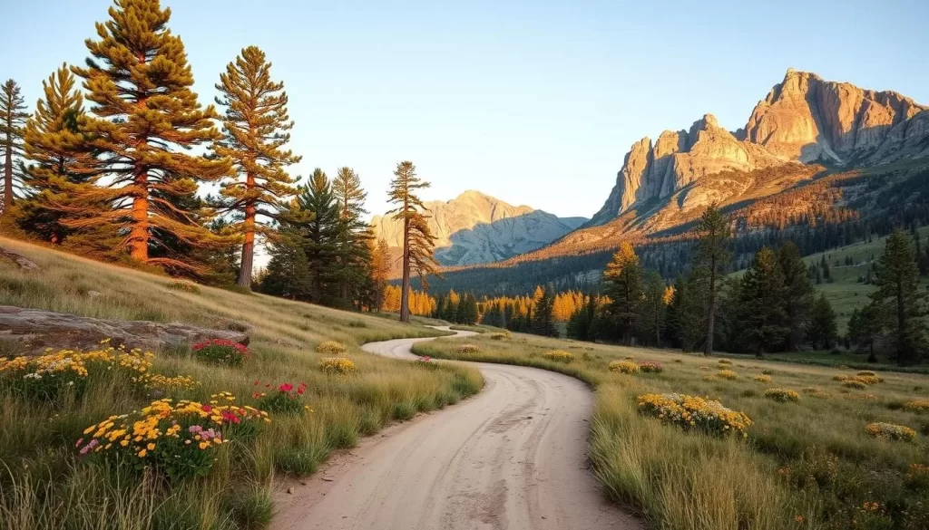 A stunning landscape of Custer State Park in the Black Hills of South Dakota. In the foreground, a winding, dusty trail leads through rolling grasslands dotted with vibrant wildflowers. Majestic ponderosa pines tower in the middle ground, their branches casting gentle shadows across the scene. In the distance, the iconic granite peaks of the Black Hills rise majestically, their rugged faces bathed in warm, golden sunlight. A clear, azure sky overhead completes the idyllic, serene atmosphere, inviting the viewer to explore this natural wonder.