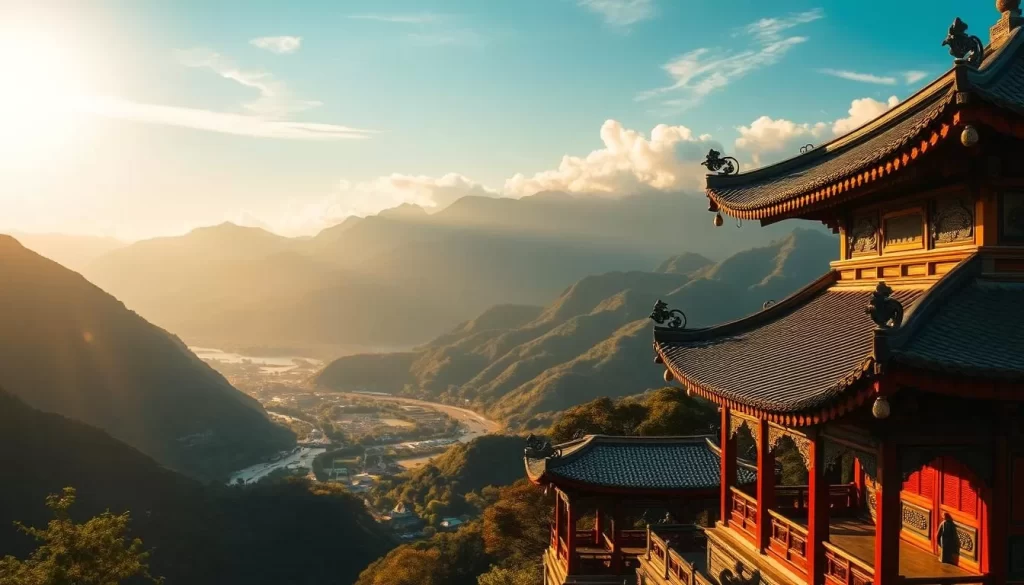 A stunning landscape of Hualien, Taiwan, bathed in warm, golden sunlight. In the foreground, a traditional Taiwanese temple with intricate carvings and vibrant red accents stands as a testament to the region's rich cultural heritage. Lush, verdant mountains rise majestically in the background, their peaks partially obscured by wispy clouds. The middle ground features a picturesque river winding its way through the valley, its calm waters reflecting the surrounding natural beauty. Capture the essence of Hualien's cultural richness with a cinematic, wide-angle lens, showcasing the harmonious blend of human and natural elements that define this captivating destination.