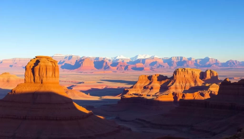 A stunning landscape of Utah's diverse national parks, showcasing the region's breathtaking elevations. In the foreground, towering red rock formations cast long shadows across the desert floor, while in the middle ground, rolling hills and plateaus blend seamlessly with the rugged terrain. The background is dominated by majestic mountain peaks, their snow-capped summits glimmering in the warm, golden light of a clear day. The scene conveys a sense of scale and grandeur, inviting the viewer to explore the dynamic and ever-changing climate that defines this remarkable region.