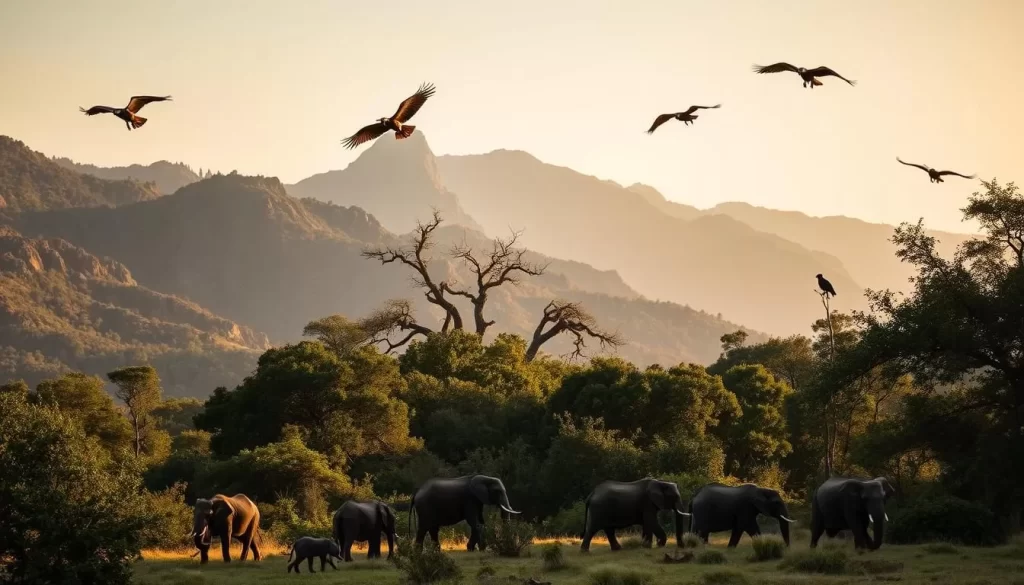 A stunning landscape of the Bassar Mountains, featuring lush green forests, rugged peaks, and an abundance of vibrant wildlife. In the foreground, a family of elephants grazes peacefully, their massive bodies silhouetted against the warm, golden light. In the middle ground, a troop of playful monkeys swings from the branches of towering trees, their nimble movements captured in crisp detail. In the background, majestic vultures soar effortlessly on the gentle currents of wind, surveying the idyllic scene below. The image is bathed in a soft, natural light, creating a serene and inviting atmosphere, perfectly capturing the essence of the Bassar Mountains' outdoor adventures.