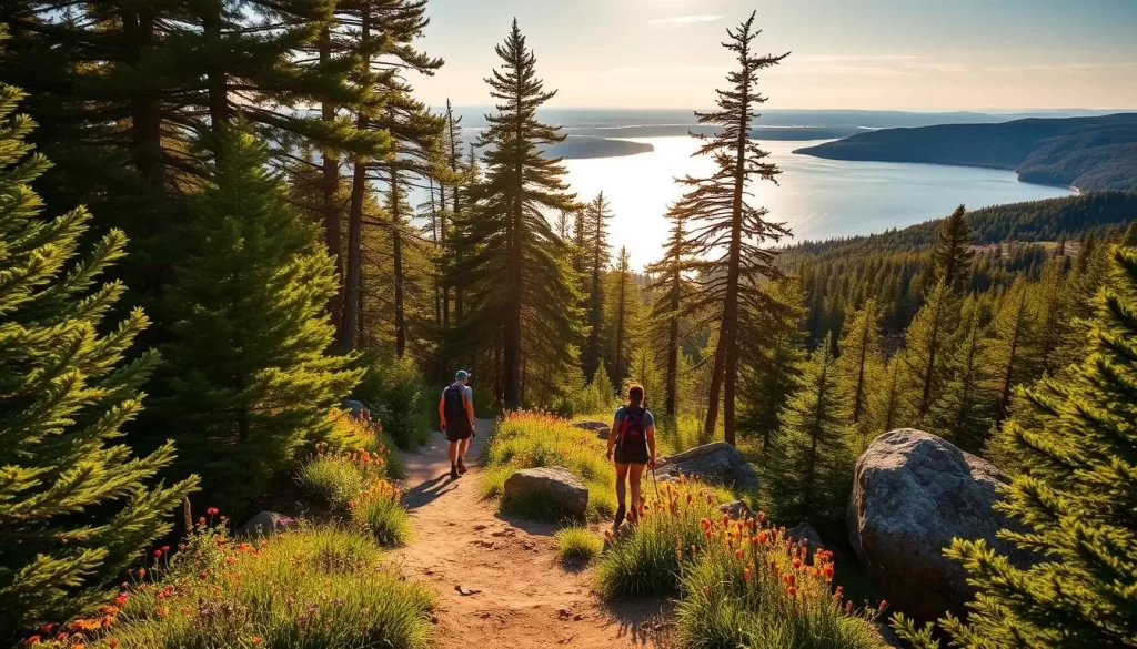 A stunning landscape of the Great Lakes region, showcasing a well-maintained hiking trail winding through lush, verdant forests. The path leads hikers past towering pines and vibrant wildflowers, with the shimmering waters of a pristine lake visible in the distance. Warm, golden sunlight filters through the canopy, casting a serene glow over the scene. The trail is framed by rocky outcrops and rolling hills, creating a picturesque backdrop for adventurous outdoor enthusiasts to explore. The overall atmosphere conveys a sense of tranquility and connection with nature, inviting viewers to imagine themselves immersed in the beauty of the Great Lakes wilderness.