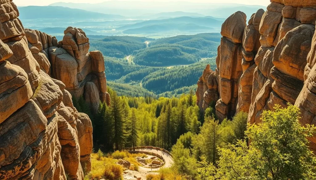 A stunning landscape of the Müllerthal rock formations in Luxembourg, bathed in warm, golden sunlight. In the foreground, towering sandstone cliffs and boulders rise up, their intricate textures and shapes carved by wind and water over millennia. The middle ground features a gently winding trail, leading the viewer deeper into the enchanting forest setting, with lush green foliage and dappled sunlight filtering through the canopy. In the background, the rolling hills and valleys of the Müllerthal region stretch out, creating a sense of depth and grandeur. The composition captures the majesty and natural wonder of this breathtaking geological landscape, inviting the viewer to immerse themselves in the serene and awe-inspiring atmosphere.