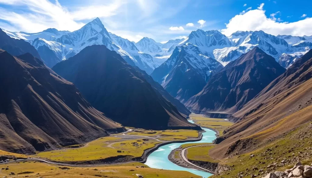 A stunning landscape of the majestic Zanskar Range, the rugged mountains dominating the scene with their snow-capped peaks reaching towards the bright, azure sky. Sunlight filters through wispy clouds, casting a warm glow over the dramatic, jagged ridges and steep, rocky slopes. In the foreground, a winding river cuts through the valley, its turquoise waters reflecting the grandeur of the surrounding peaks. Vibrant green meadows and sparse vegetation dot the landscape, adding pops of color to the otherwise dramatic, monochromatic palette. The overall atmosphere is one of serene, awe-inspiring natural beauty, capturing the essence of this remote and rugged region of Ladakh.