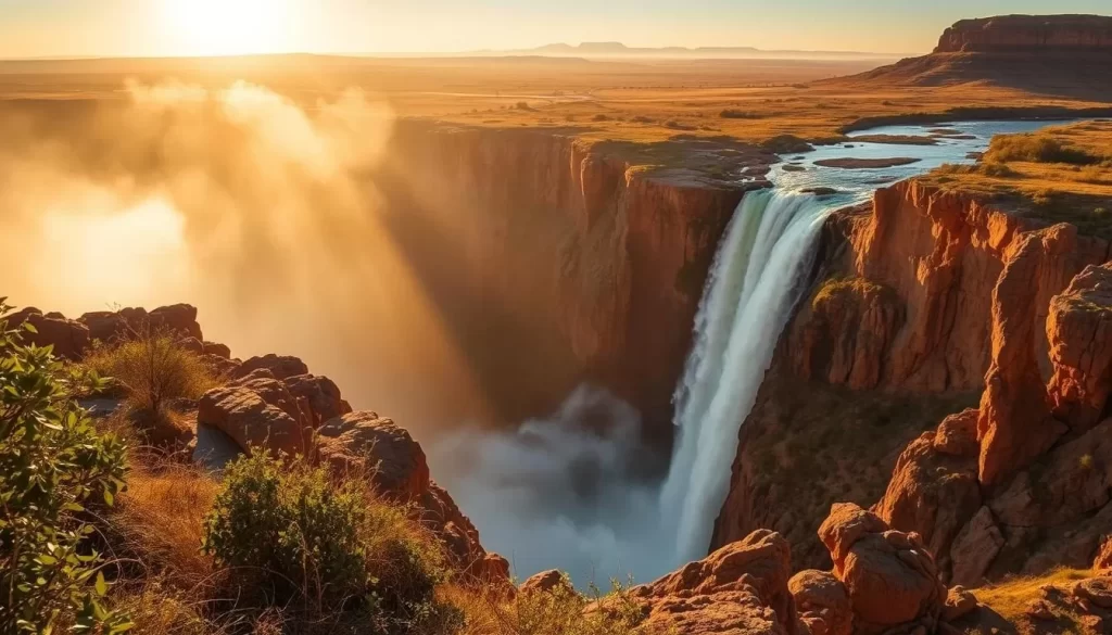 A stunning landscape of the mighty Augrabies Falls, captured from the breathtaking Viewpoint. The mighty waterfall cascades over the rugged, ochre-hued cliffs, creating a thunderous roar and a mesmerizing display of raw, natural power. The sun filters through the mist, casting a warm, golden glow over the scene. In the foreground, lush vegetation and rocky outcroppings frame the view, while the distant horizon is dominated by the vast, arid expanse of the Northern Cape region. The overall atmosphere is one of awe and reverence for the sheer scale and grandeur of this natural wonder.