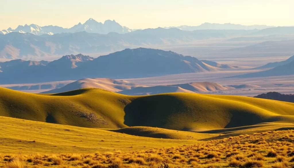 A stunning landscape showcasing Kyrgyzstan's diverse climate regions. In the foreground, lush meadows and rolling hills, bathed in warm, golden sunlight. The midground features snow-capped mountain peaks, their jagged silhouettes casting dramatic shadows. In the background, a vast expanse of arid, rugged terrain, dotted with sparse vegetation and rocky formations. The scene conveys a sense of tranquility and grandeur, highlighting the stunning natural beauty of this Central Asian nation. Capture this breathtaking vista with a wide-angle lens, using soft, diffused lighting to create a serene, atmospheric image.