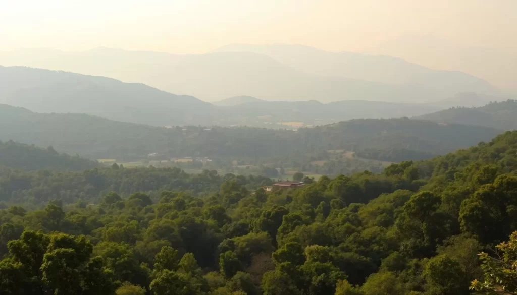 A stunning landscape showcasing the diverse climate zones of Madhya Pradesh, India. In the foreground, lush verdant forests stretch out, their canopy of towering trees creating a serene and shaded ambiance. The middle ground reveals rolling hills, their slopes covered in a patchwork of vibrant agricultural fields and orchards. In the distance, the majestic Vindhya mountain range rises, its peaks capped with a dusting of snow, hinting at the region's more temperate alpine climate. Warm, diffused natural light bathes the entire scene, casting a soft, golden glow and accentuating the rich, earthy tones of the landscape. The overall composition offers a captivating and comprehensive visual representation of Madhya Pradesh's remarkable climatic diversity.