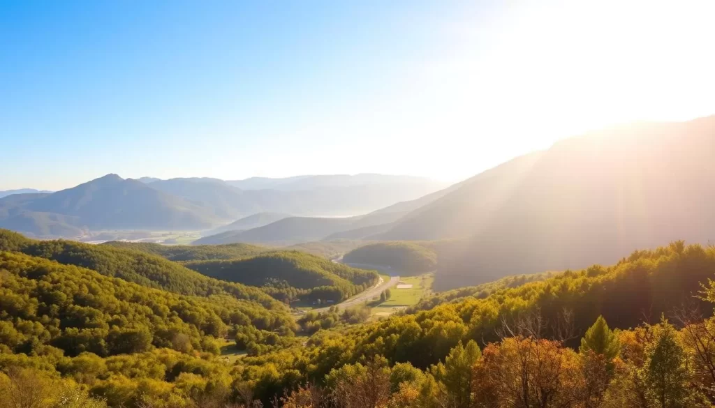 A stunning landscape showcasing the natural beauty of West Virginia during the ideal time to visit. Set against a clear blue sky, rolling hills and lush green forests stretch out in the foreground, with majestic mountains rising in the distance. Warm, golden sunlight filters through the trees, casting a gentle glow over the serene scene. In the middle ground, a picturesque country road winds through the countryside, inviting exploration. The overall atmosphere evokes a sense of tranquility and harmony, perfectly capturing the picturesque charm of West Virginia in the best months for a weather-savvy trip.