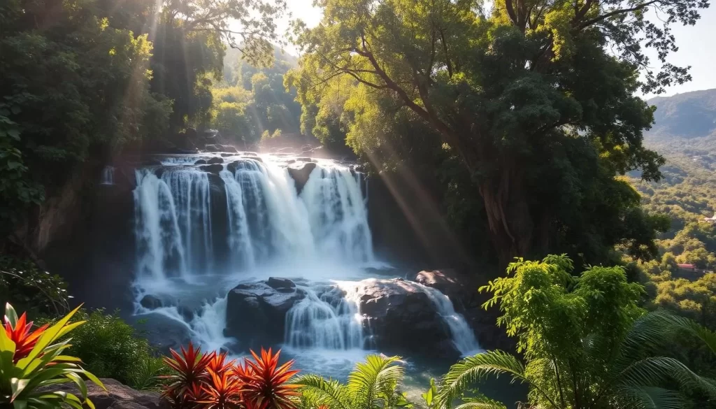A stunning, lush waterfall cascading over rocky cliffs, nestled amidst a verdant, tropical landscape. The water flows gracefully, creating a mesmerizing display of power and beauty. Dappled sunlight filters through the canopy of lush, towering trees, casting a warm, golden glow on the scene. In the foreground, vibrant, colorful foliage frames the cascading waters, while in the background, distant rolling hills create a serene, picturesque backdrop. The overall atmosphere is one of tranquility and natural wonder, inviting the viewer to immerse themselves in this breathtaking, idyllic setting.