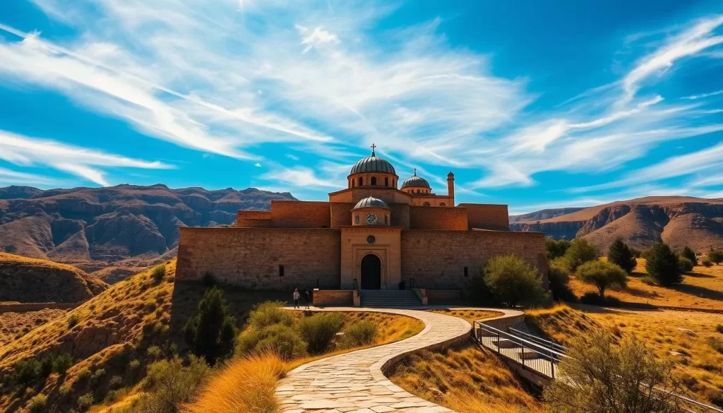 A stunning, majestic view of the ancient Mor Hananyo monastery nestled amidst the rugged, sun-drenched hills of Mardin, Turkey. The centuries-old stone walls and domes of the monastery stand in sharp contrast against a vibrant azure sky, with wispy clouds casting gentle shadows across the scene. In the foreground, a winding path leads visitors towards the ornate entrance, inviting exploration of this important religious site. The warm, golden light bathes the scene, creating a serene, contemplative atmosphere that captures the timeless essence of this cultural and spiritual landmark.