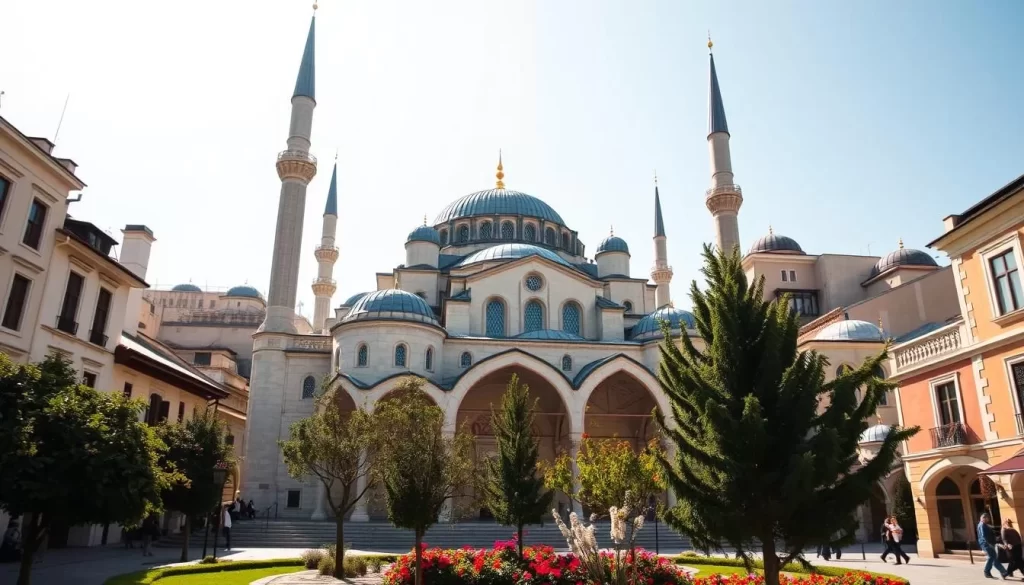 A stunning, ornate Ottoman-era mosque nestled among the historic buildings of Istanbul's Old City. The structure's iconic domes and slender minarets rise gracefully against a bright, cloudless sky. The intricate, colorful facade is bathed in warm, golden sunlight, creating a welcoming, serene atmosphere. In the foreground, a small courtyard is filled with lush greenery and blooming flowers, inviting visitors to pause and admire the architectural masterpiece. The scene captures the timeless beauty and spiritual essence of one of Istanbul's most captivating religious landmarks.