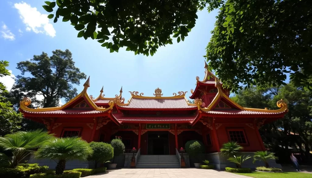 A stunning ornate temple nestled amidst lush greenery, the Foo Lin Kong Temple on Pangkor Island stands as a testament to Malaysia's rich cultural heritage. Capture the intricate details of the red and gold facade, with its ornamental roofs and ornate carvings. Showcase the peaceful atmosphere, with sunlight filtering through the surrounding trees and casting a warm glow over the temple's serene courtyard. Angle the shot to emphasize the temple's impressive scale and architectural grandeur, while framing it against a cloudless azure sky. Convey a sense of tranquility and spiritual reverence that permeates this sacred space, inviting viewers to step into the heart of Pangkor's unique religious tapestry.