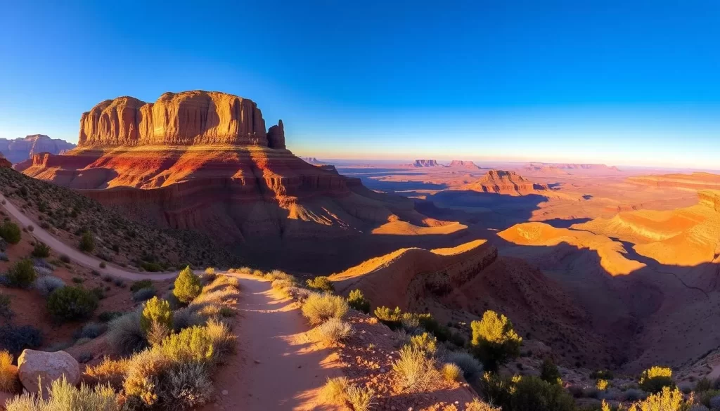A stunning panoramic landscape of the Island in the Sky district in Canyonlands National Park, Utah. A dramatic sandstone mesa rises majestically against a clear, azure sky, casting long shadows across the rugged terrain below. In the foreground, a well-marked hiking trail winds through a vibrant, arid landscape dotted with hardy desert vegetation. Distant mesas and canyons recede into the hazy horizon, creating a breathtaking sense of depth and scale. The scene is illuminated by warm, golden sunlight, lending a serene and peaceful atmosphere. Capture the essence of an unforgettable outdoor adventure through this stunning natural vista.