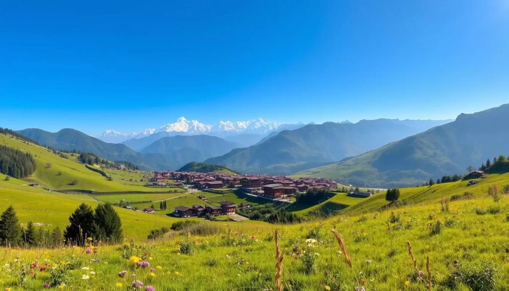 A stunning panoramic view of Himachal Pradesh's summer destinations, bathed in warm sunlight. In the foreground, lush green meadows dotted with colorful wildflowers sway gently in the breeze. The middle ground features a picturesque village nestled between rolling hills, its traditional wooden houses and terraced farmlands blending seamlessly with the natural landscape. In the distance, the majestic Himalayan peaks stand tall, their snow-capped summits glistening under a clear azure sky. The scene radiates a sense of tranquility and natural beauty, inviting the viewer to explore the wonders of this enchanting region during the summer months.