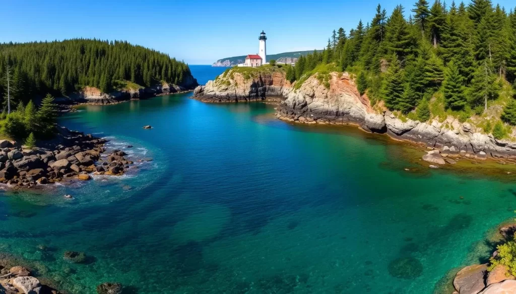 A stunning panoramic view of Quoddy Head State Park in the beautiful state of Maine. The foreground features a tranquil cove with crystal-clear waters lapping against the rocky shoreline, surrounded by lush, verdant forests. In the middle ground, a picturesque lighthouse stands proudly, its white tower contrasting with the deep blue sky. The background showcases the rugged cliffs and dramatic coastline that characterize this scenic region, bathed in the warm glow of the sun. The overall atmosphere is one of serene, natural beauty, capturing the essence of the best times to visit this captivating Maine destination.