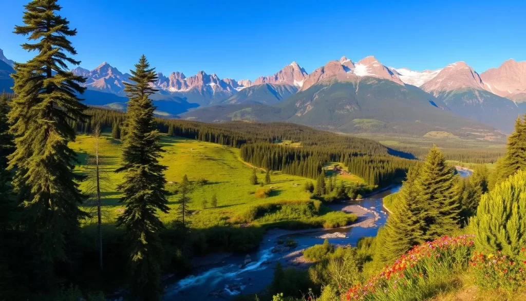 A stunning panoramic view of a lush, verdant national park nestled amidst towering mountains. In the foreground, a winding river cuts through the landscape, its crystal-clear waters reflecting the surrounding foliage. Tall, majestic trees line the banks, their branches reaching towards the clear blue sky. In the middle ground, rolling hills are dotted with vibrant wildflowers, creating a tapestry of colors. The background is dominated by the imposing silhouettes of rugged, snow-capped peaks, bathed in warm, golden light. The scene exudes a sense of tranquility and adventure, inviting the viewer to explore the natural wonders of this breathtaking destination.