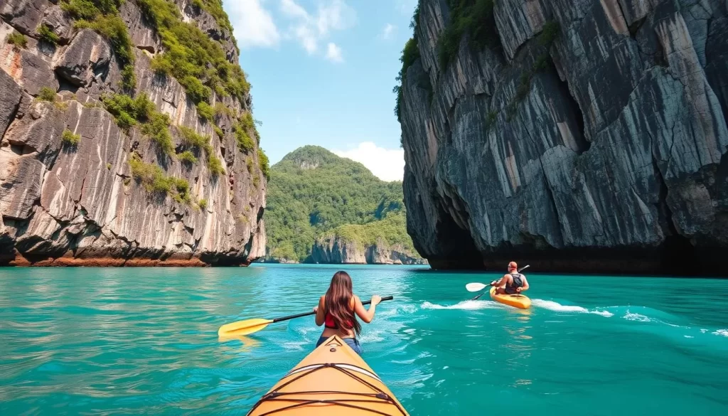A stunning scene of Phang Nga's thrilling adventure activities unfolds before us. In the foreground, a kayaker skillfully navigates the emerald waters, weaving between towering limestone cliffs. In the middle ground, a group of rock climbers scale the rugged, sun-dappled walls, their equipment gleaming. In the background, a serene island landscape frames the action, with lush tropical foliage and a clear, azure sky. The composition captures the perfect balance of adrenaline-fueled excitement and breathtaking natural beauty, inviting the viewer to imagine themselves immersed in the Phang Nga adventure experience.