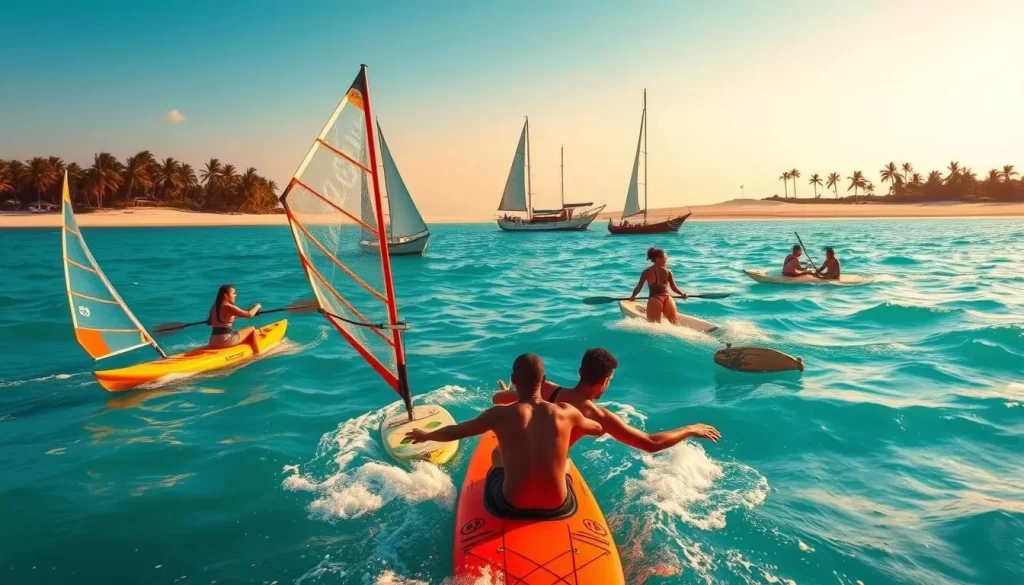 A stunning seascape of Zanzibar's vibrant water sports. In the foreground, a group of adventurous individuals engage in various activities - windsurfing across the turquoise waves, kayaking through the calm waters, and snorkeling among the colorful coral reefs. The middle ground features traditional dhow boats, their sails billowing in the gentle breeze. In the distance, the sandy beaches are dotted with palm trees, framing the picturesque landscape. The warm, golden sunlight bathes the scene, creating a serene and inviting atmosphere. Vibrant hues of blue, green, and orange come together to capture the essence of Zanzibar's thrilling water-based adventures.