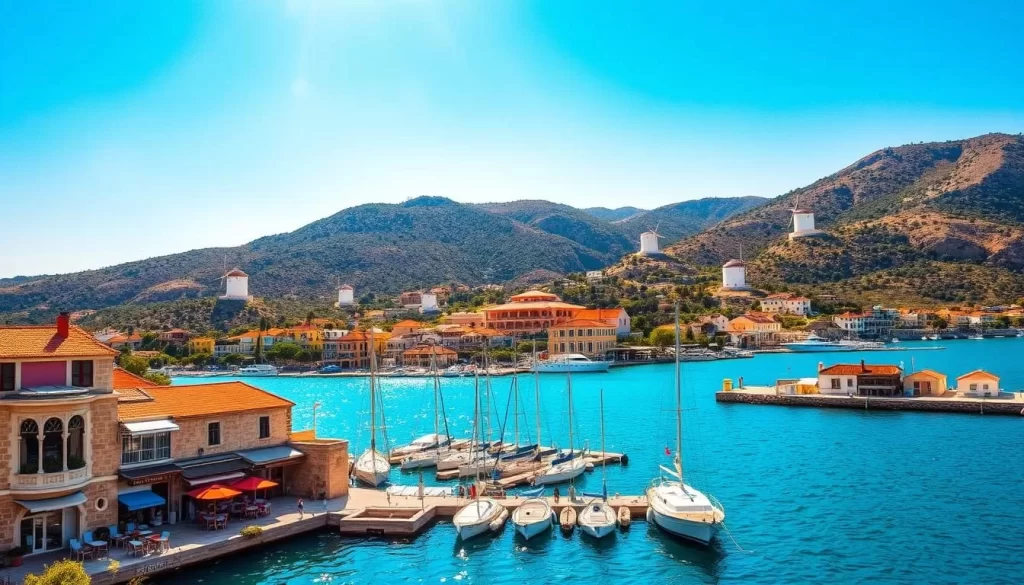 A stunning seaside vista of Bozcaada Island, Turkey's Aegean gem. In the foreground, sun-drenched stone buildings and quaint cafes line the picturesque harbor, their colorful facades reflected in the calm, turquoise waters. In the middle ground, the island's iconic windmills stand tall, their sails gently turning in the warm breeze. Framing the scene, the rugged, pine-clad hills rise up, their slopes dotted with olive groves and vineyards. Overhead, a clear azure sky is illuminated by the golden rays of the midday sun, casting a soft, glow over the entire idyllic landscape. Capture the essence of this captivating island, where history, natural beauty, and tranquility converge.