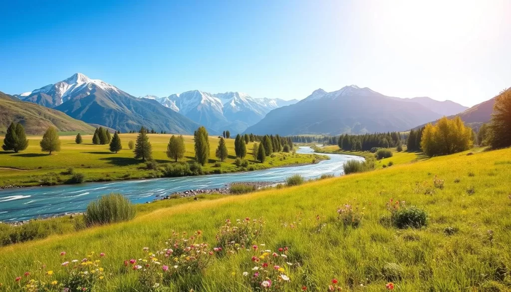 A stunning spring landscape in Tajikistan: Vibrant green meadows dotted with colorful wildflowers sway gently in the breeze. In the middleground, a crystalline river winds its way through the valley, its banks lined with lush foliage. In the distance, majestic snow-capped mountains rise up, their peaks glistening under the warm, golden sunlight. A cloudless azure sky overhead creates an atmosphere of tranquility and serenity. Capture the essence of this idyllic springtime scene in Tajikistan, with a focus on the harmony between nature's elements and the breathtaking mountain backdrop.