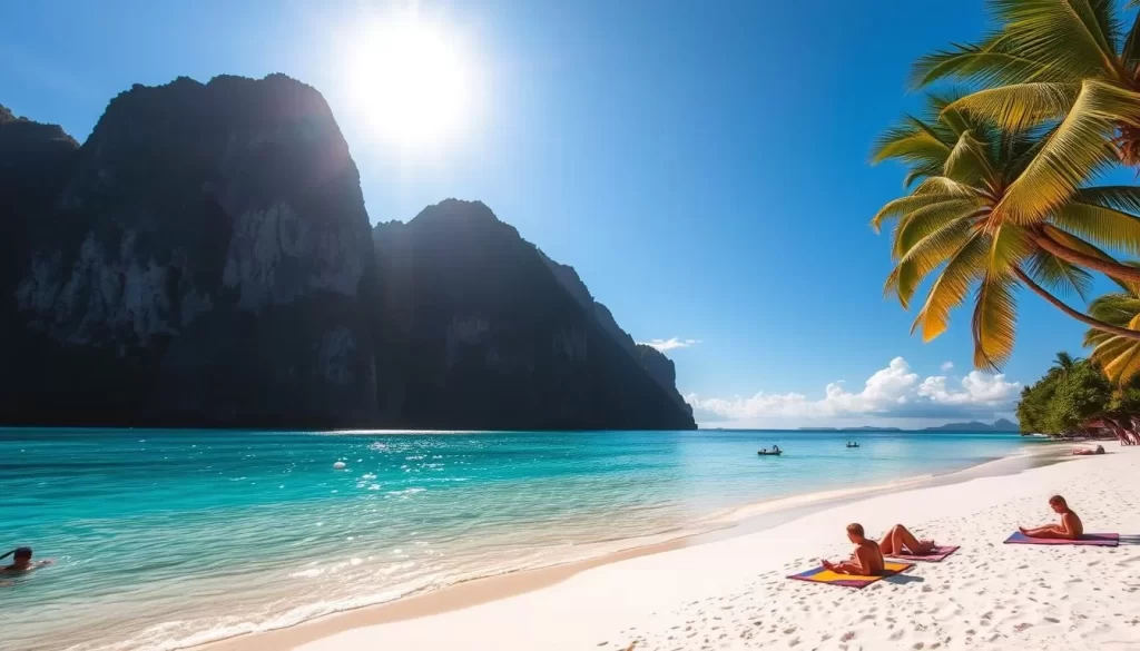 A stunning tropical beach on the island of Koh Phi Phi, Thailand. The crystal-clear turquoise waters of the Andaman Sea lap gently against the fine white sand. Majestic limestone cliffs rise up in the background, casting dramatic shadows over the scene. A few palm trees sway in the light breeze, adding to the serene, tranquil atmosphere. The sun is high in the sky, bathing the entire landscape in warm, golden light. Beachgoers relax on colorful towels, enjoying the idyllic surroundings. Snorkelers can be seen exploring the vibrant coral reefs just offshore. An inviting, picturesque tropical paradise.