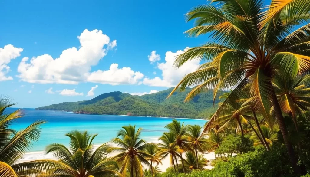 A stunning tropical landscape in New Caledonia on a balmy, sun-drenched day. In the foreground, swaying palm trees cast gentle shadows over a pristine white sand beach. The azure Pacific Ocean laps at the shore, its crystal-clear waters reflecting the brilliant azure sky above. In the middle ground, lush, verdant rainforest hills rise up, their slopes adorned with vibrant green foliage. Fluffy white clouds drift lazily overhead, illuminated by warm, diffused natural lighting. The overall scene exudes a sense of tranquility, warmth, and the quintessential beauty of New Caledonia's tropical climate.