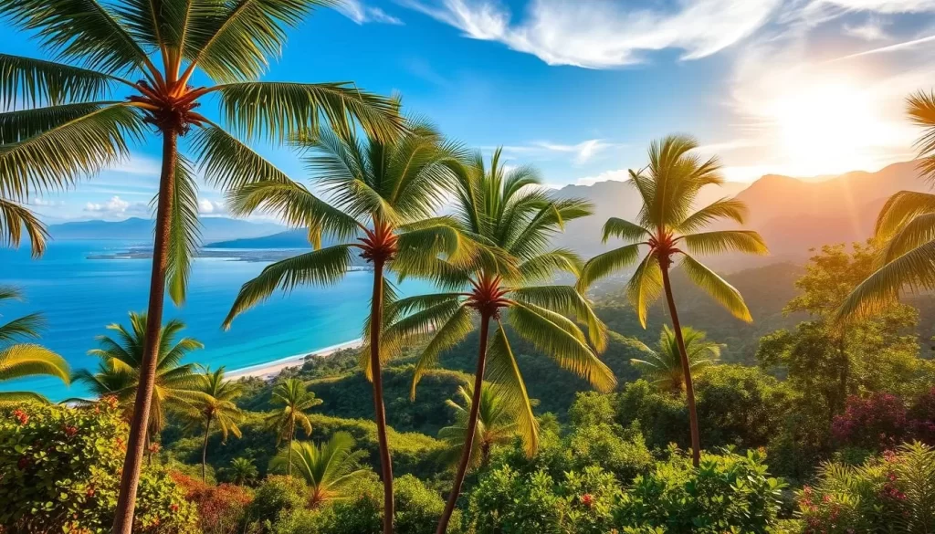 A stunning tropical landscape showcasing the breathtaking viewpoints of Koh Samui, Thailand. In the foreground, lush green palm trees sway gently in the warm breeze, framing a panoramic vista of the island's pristine beaches and turquoise waters. The middle ground features rolling hills dotted with vibrant flowers and verdant foliage, leading the eye towards the distant horizon. In the background, majestic mountains rise up, their peaks bathed in a warm, golden glow from the sun shining through wispy clouds. The overall scene exudes a sense of tranquility and natural beauty, inviting the viewer to immerse themselves in the serene splendor of Koh Samui's iconic viewpoints.