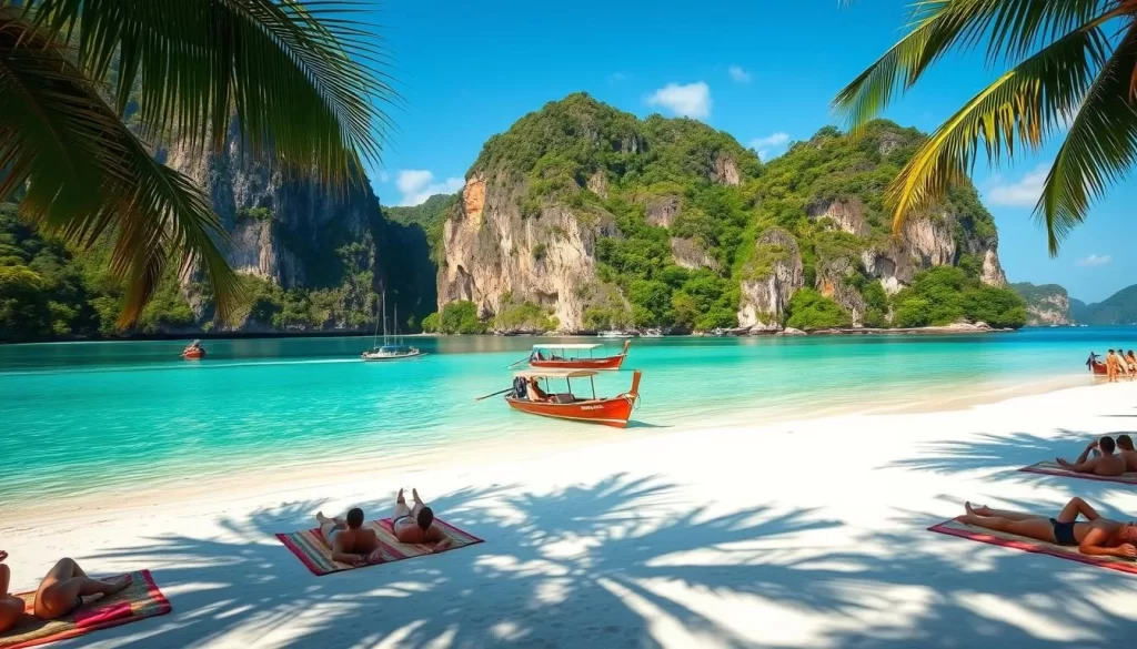 A stunning tropical paradise at Railay West Beach, with towering limestone cliffs rising dramatically from the crystal-clear turquoise waters. The sun casts a warm glow across the pristine white sand beach, where beachgoers relax on plush towels, soaking in the peaceful atmosphere. In the foreground, swaying palm trees create gentle shadows, while the middle ground features a few small longtail boats moored at the water's edge. The background showcases the lush, verdant vegetation and rugged cliffs that define the Railay peninsula, creating a breathtaking natural landscape. Capture the essence of this serene, picture-perfect tropical paradise with a high-quality, 50mm lens at eye level.