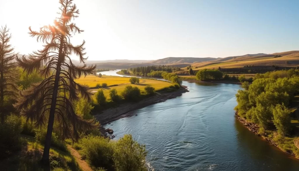 A stunning view of the Tigris River winding its way through the lush, verdant landscape of Diyarbakır, Turkey. The sun shines brightly, casting a warm glow on the rippling waters and the surrounding greenery. In the foreground, the river's banks are lined with tall, graceful trees, their branches swaying gently in the light breeze. In the middle ground, the river flows smoothly, its surface reflecting the cloudless sky above. In the distance, the rolling hills of the region rise up, creating a picturesque backdrop to this serene and tranquil scene. The overall atmosphere is one of peace and natural beauty, perfectly capturing the essence of the Tigris River and the Hevsel Gardens in Diyarbakır.