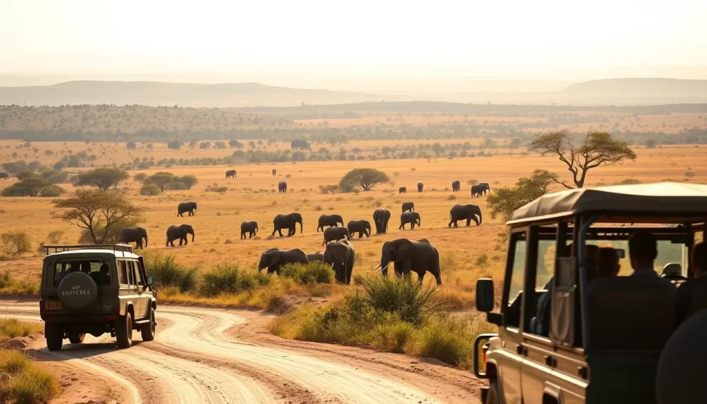 A stunning vista of Marakele National Park, South Africa, captured on a serene afternoon. In the foreground, a group of safari jeeps navigates a winding dirt path, their occupants eagerly scanning the landscape for wildlife. In the middle ground, a herd of majestic African elephants grazes peacefully, their wrinkled skin glistening in the warm sunlight. The background features a panoramic landscape of rolling hills, dotted with the distinctive silhouettes of acacia trees and the distant outline of the Waterberg Mountains. The scene is bathed in a soft, golden glow, creating a sense of tranquility and wonder. The image conveys the essence of an authentic safari experience in this beautiful and biodiverse protected area.