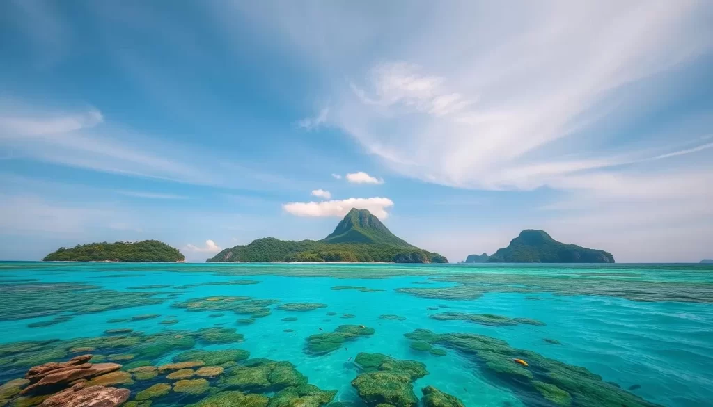 A stunning vista of the Semporna Islands in Malaysia, capturing the essence of a tropical paradise. The foreground showcases the crystal-clear turquoise waters, dotted with vibrant coral reefs and schools of colorful fish. In the middle ground, lush, verdant islands rise majestically, their palm-fringed shores and white sand beaches inviting exploration. The background features a gentle, hazy sky in shades of blue and white, with wispy clouds drifting peacefully overhead. The scene is bathed in warm, golden sunlight, creating a sense of tranquility and serenity. Photograph this idyllic landscape using a wide-angle lens to capture the full grandeur of the Semporna Islands, a true gem of Malaysia's stunning natural beauty.