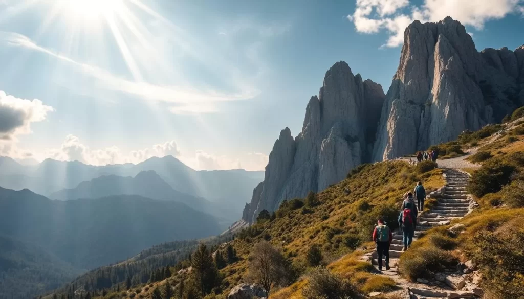 A stunning vista of the Taurus Mountains, where rugged peaks pierce the azure sky. Trekkers ascend winding trails, their packs laden with supplies, as they immerse themselves in the grandeur of this natural wonder. Shafts of warm, golden light filter through wispy clouds, casting a dreamlike glow over the scene. Towering limestone cliffs rise in the distance, their craggy surfaces carved by the passage of time. The trail winds through lush, verdant forests, where the whisper of the wind and the call of birds create a serene symphony. Capture the allure of this captivating Turkish landscape, a true haven for outdoor enthusiasts.