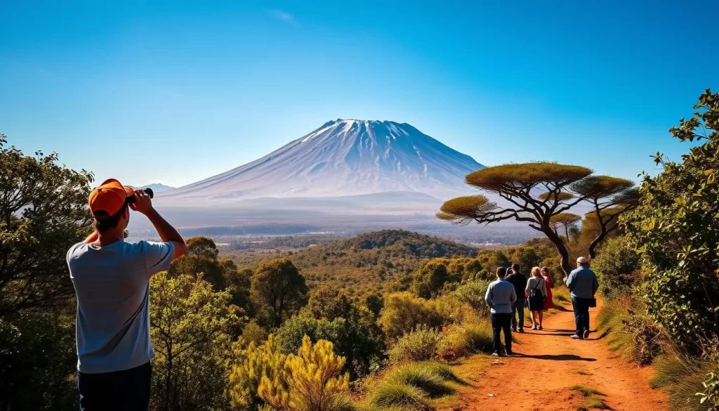 A stunning vista of the iconic Mount Kilimanjaro, Africa's highest peak, set against a brilliant azure sky. In the foreground, a group of wildlife enthusiasts stand in awe, binoculars in hand, observing the diverse array of fauna that thrives in the lush, verdant foliage surrounding the mountain. The mid-ground features a well-trodden path winding through the natural landscape, inviting the viewer to embark on an immersive wildlife-viewing adventure. Backlighting from the sun casts a warm, golden glow, creating a serene and captivating atmosphere. Detailed textures, rich colors, and a keen sense of depth and scale transport the viewer to this magnificent, untamed corner of Tanzania.