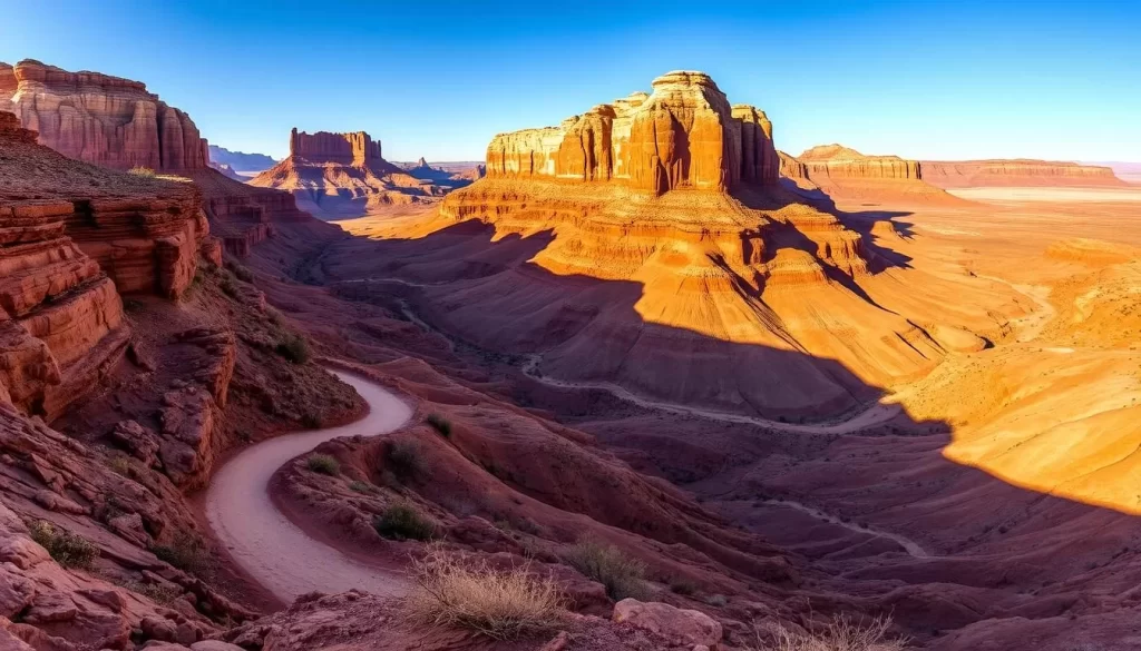 A stunning vista of the iconic Paria Canyon Trail in Utah, bathed in warm, golden sunlight. In the foreground, the rugged, winding path snakes through the dramatic, multi-hued sandstone cliffs, inviting the viewer to explore its natural beauty. The middle ground features majestic, towering rock formations that cast dramatic shadows, creating a sense of depth and scale. In the distance, the trail disappears into the horizon, framed by a clear, azure sky. Capture the essence of this breathtaking natural wonder with a realistic, high-resolution image that showcases the awe-inspiring landscape.